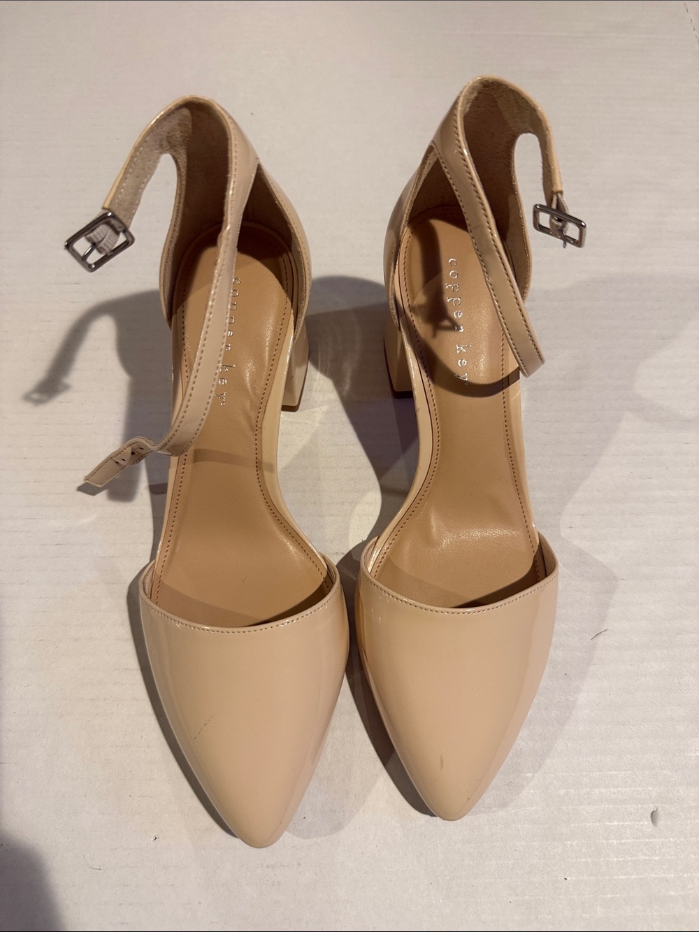 Copper Key Beige Pointed-Toe Ankle-Strap Block Heels